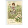 n°5781 - Carte Gaufrée - Fröhliche Ostern - Fillette assise sur une barrière avec des oeufs
