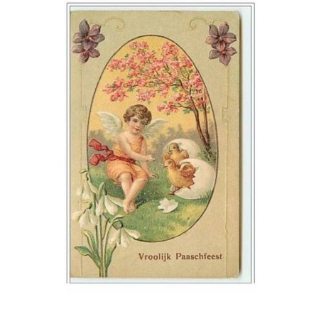 n°5787 - Carte Gaufrée - Vroolijk Paaschfeest - Angelot avec des poussins