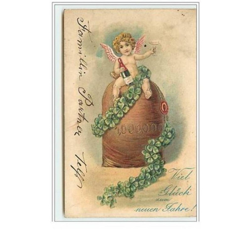 n°5789 - Carte Gaufrée - Viel Glück zum neuen Jahre - Angelot sur un sac de pièces