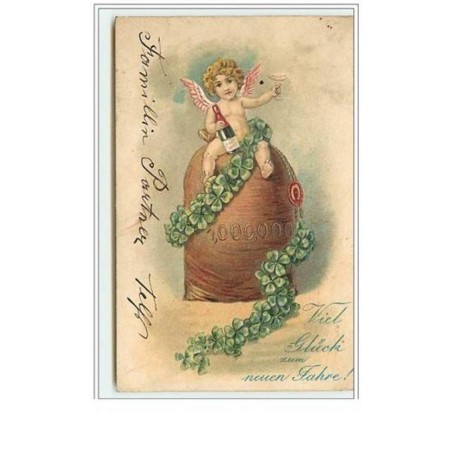 n°5789 - Carte Gaufrée - Viel Glück zum neuen Jahre - Angelot sur un sac de pièces