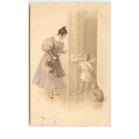 n°5798 - Angelot apportant un bouquet de fleurs - chat