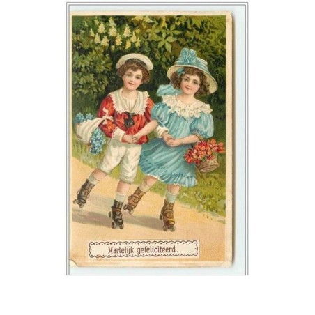 n°588 - Carte Gaufrée - Hartelijk gefeliciteerd - Enfants faisant du patin à roulettes