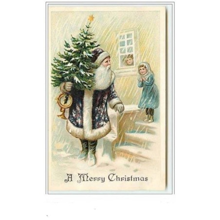 n°5889 - Carte Gaufrée - A Merry Christmas - Père Noël tenant un sapin à la main