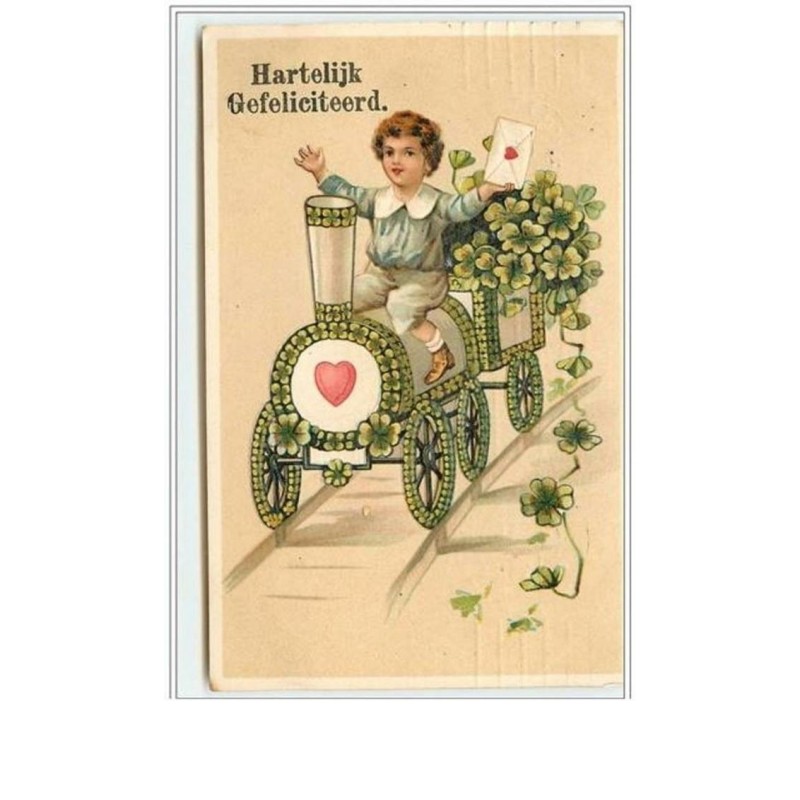 n°589 - Carte Gaufrée - Hartelijk gefeliciteerd - Enfant sur une locomotive de train
