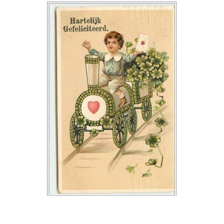 n°589 - Carte Gaufrée - Hartelijk gefeliciteerd - Enfant sur une locomotive de train