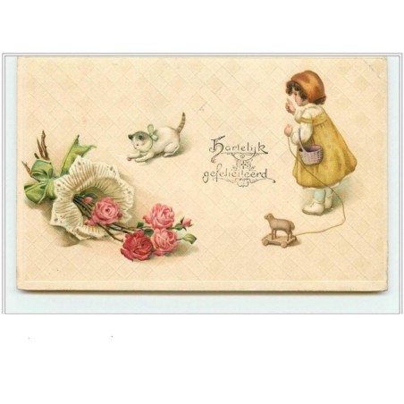 n°590 - Carte Gaufrée - Hartelijk gefeliciteerd - Fillette et chat