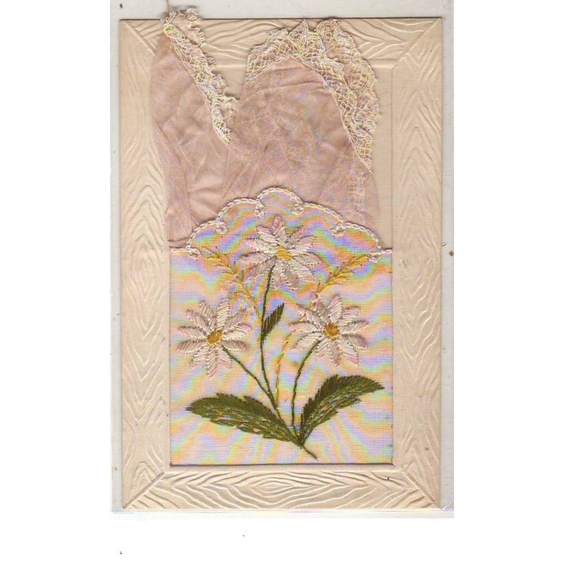 n°5902 - Carte Brodée avec Pochette rose - Petites fleurs blanches et roses