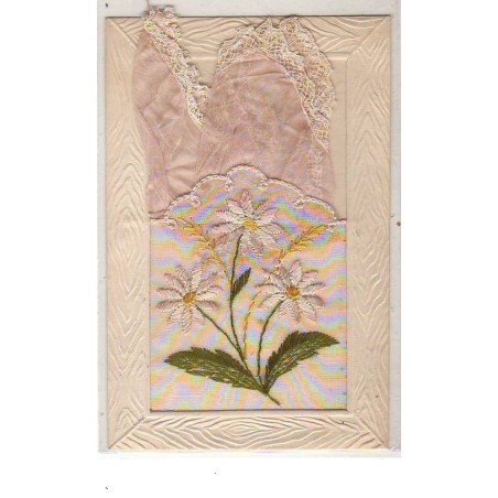 n°5902 - Carte Brodée avec Pochette rose - Petites fleurs blanches et roses
