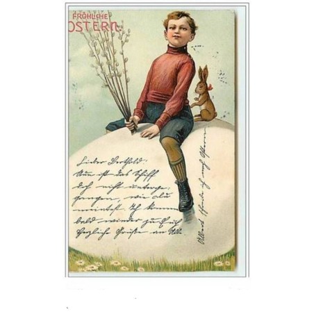 n°5937 - Fröhliche Ostern - Enfant sur oeuf, lapin