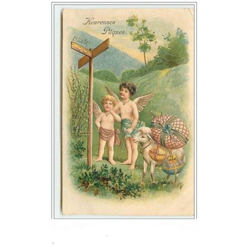 n°5939 - Carte Gaufrée - Heureuses Pâques - Anges et mouton cherchant leur chemin