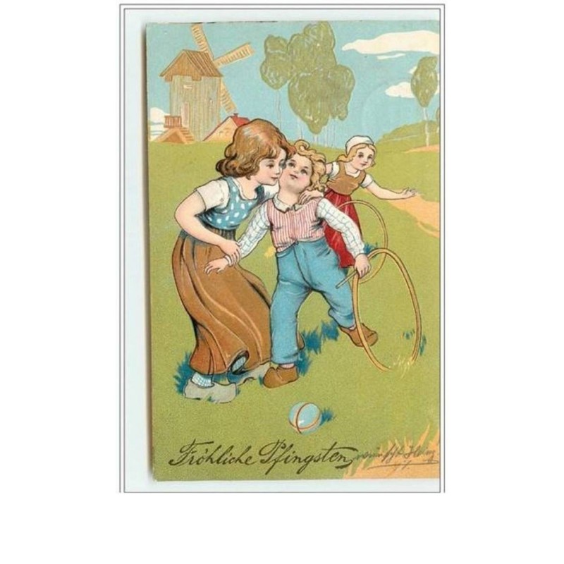 n°594 - Carte Gaufrée - Enfants jouant au cerceau - Moulin