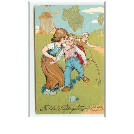 n°594 - Carte Gaufrée - Enfants jouant au cerceau - Moulin