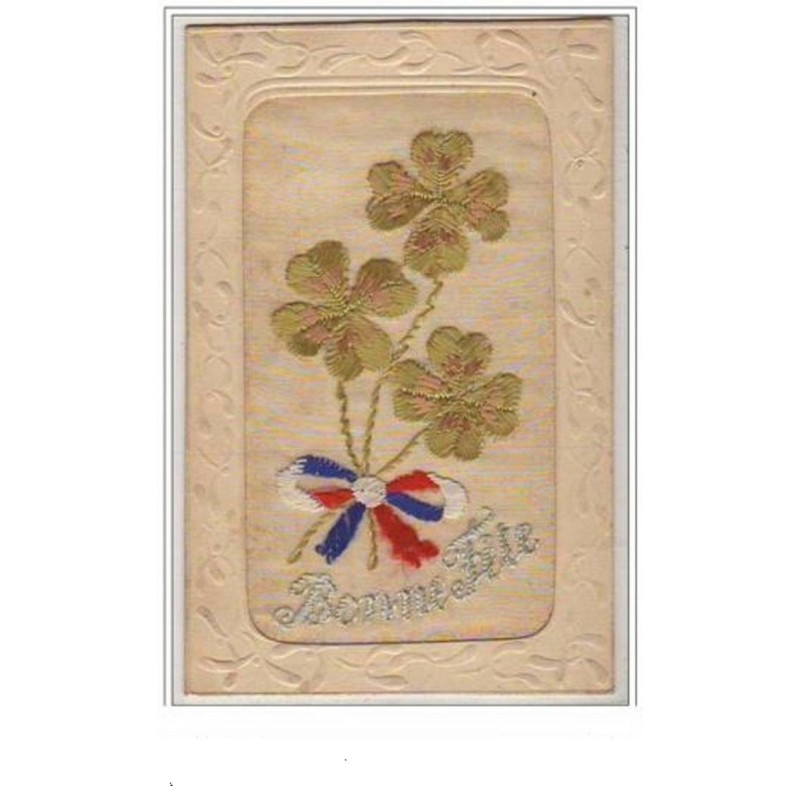 n°5957 - Carte Brodée - Bonne Fête - Trèfles et noeud tricolore