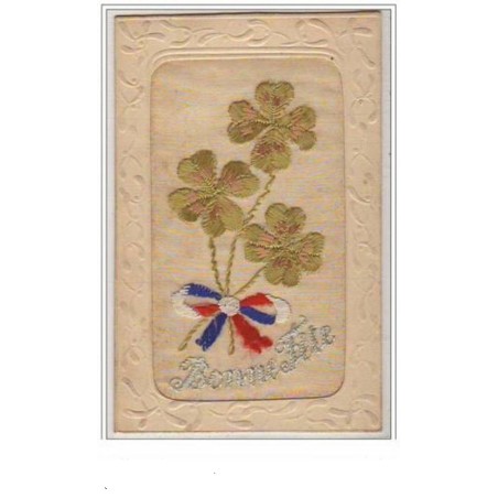n°5957 - Carte Brodée - Bonne Fête - Trèfles et noeud tricolore