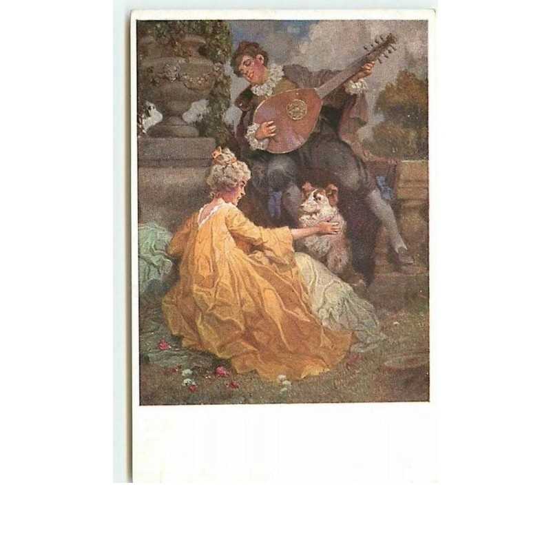 n°12169 - MM Vienne n°1352 - Homme jouant de la mandoline pour une jeune femme caressant un chien