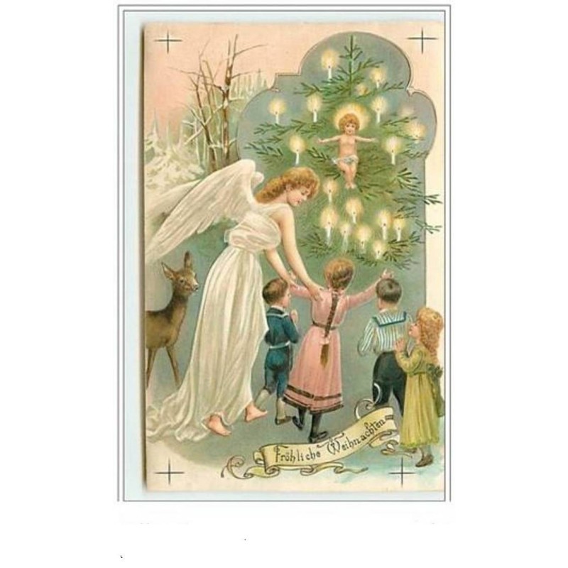 n°5986 - Carte Gaufrée - Fröhliche Weihnachten - Ange - Enfants - biche