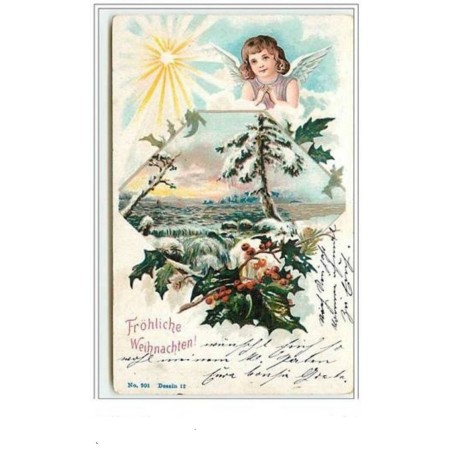 n°5987 - Fröhliche Weihnachten - Tête d'ange au dessus d'un paysage enneigé