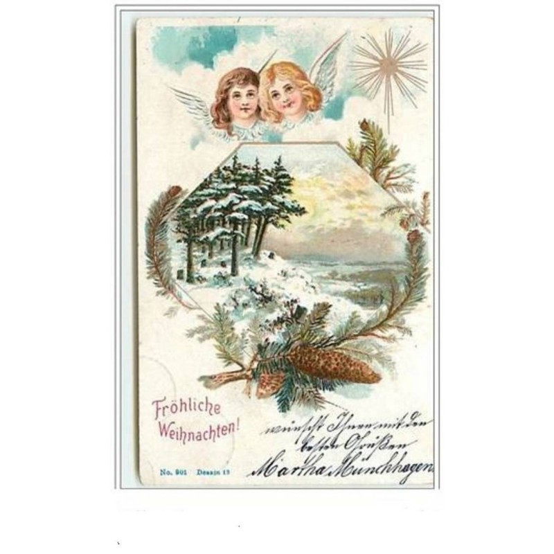 n°5988 - Fröhliche Weihnachten - DeuxTêtes d'anges au dessus d'un paysage enneigé
