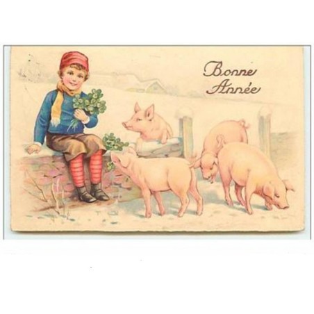 n°6033 - Bonne Année - Garçon assis avec des cochons