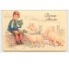 n°6033 - Bonne Année - Garçon assis avec des cochons