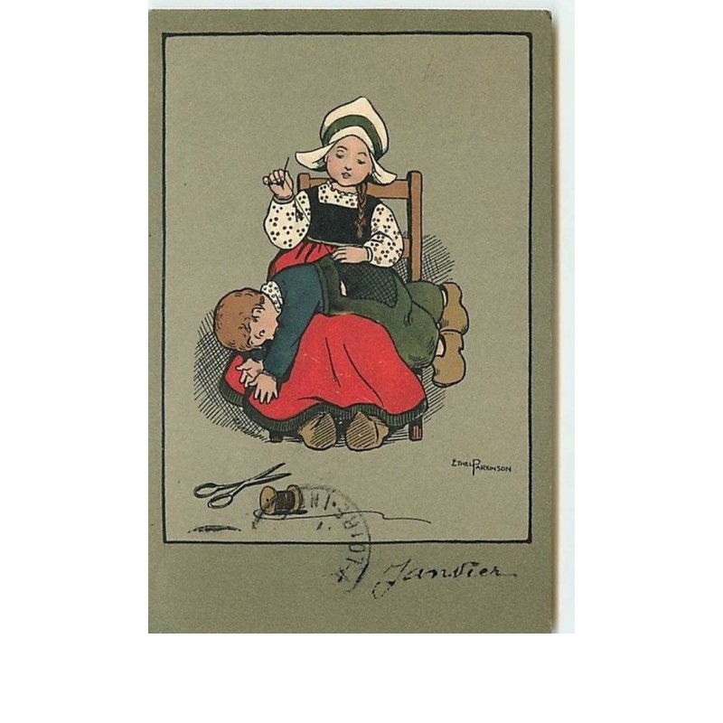 n°608 - Ethel Parkinson - Jeune Hollandaise racommodant avec un enfant sur ses genoux