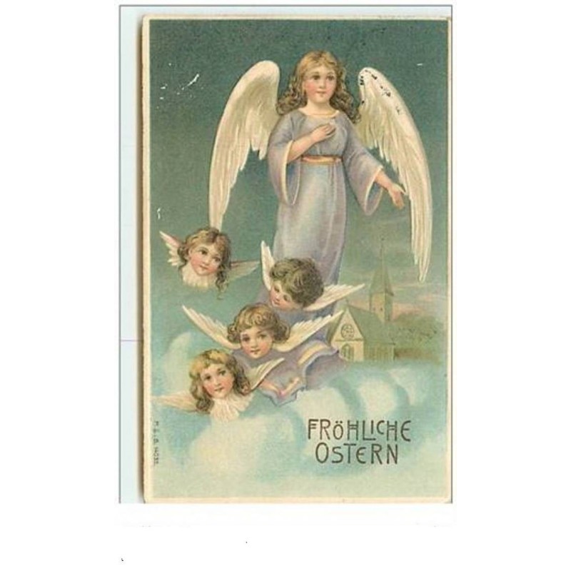 n°6090 - Carte Gaufrée - Fröhliche Ostern - Ange et têtes d'anges