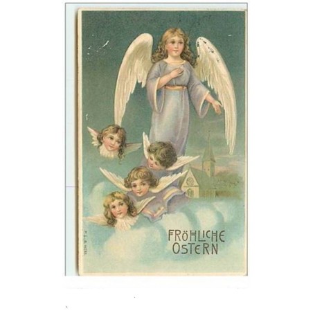 n°6090 - Carte Gaufrée - Fröhliche Ostern - Ange et têtes d'anges