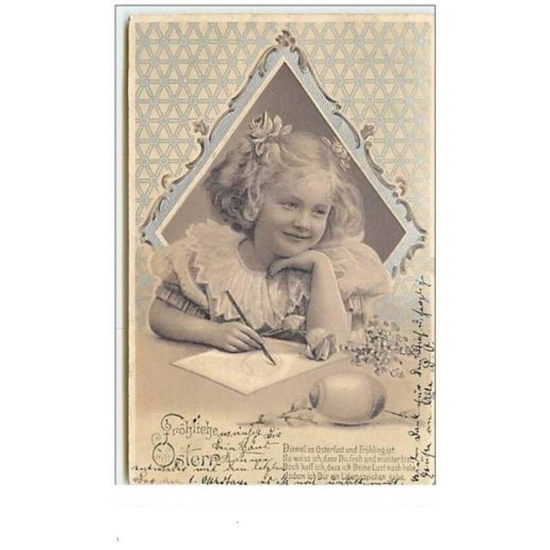 n°6091 - Carte Gaufrée - Fröhliche Ostern - Fillette pensive - Ecriture