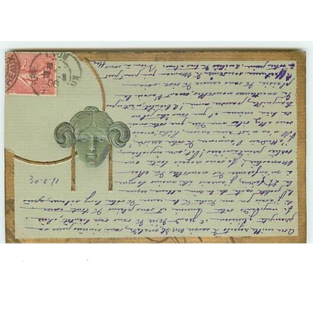 n°6117 - Carte Gaufrée - Portrait d'une femme - Entourage doré