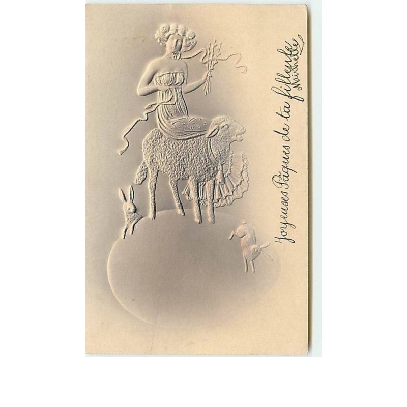 n°6118 - Carte Gaufrée - Jeune Femme sur un mouton - Joyeuses Pâques