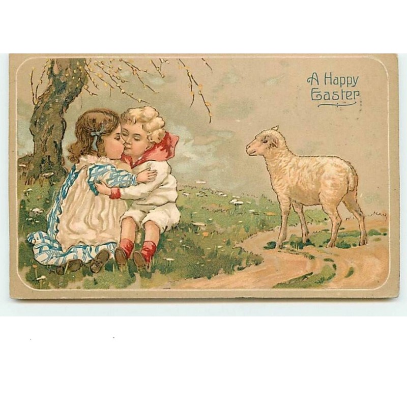 n°6129 - Carte Gaufrée - A Happy Easter - Jeune Couple s'embrassant devant un  mouton