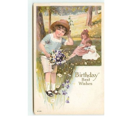 n°6147 - Carte Gaufrée - Birthday Best Wishes - Enfants cueillant des fleurs