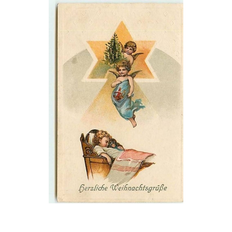 n°6227 - Carte Gaufrée - Herzliche Weihnachtsgrusse - Enfant dormant surveillé par des angelots