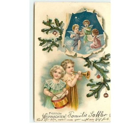 n°6228 - Carte Gaufrée - Fröhliche Weihnachten - Enfants jouant de la musique - Angelots