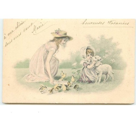 n°12181 - MM Vienne - Jeune femme et fillette câlinant un mouton et des poussins