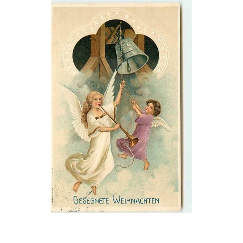 n°6238 - Carte Gaufrée - Gesegnete Weihnachten - Ange et angelot sonnant une cloche