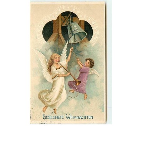 n°6238 - Carte Gaufrée - Gesegnete Weihnachten - Ange et angelot sonnant une cloche
