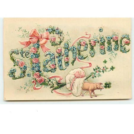 n°6250 - Carte Gaufrée - Sainte Catherine - cochon