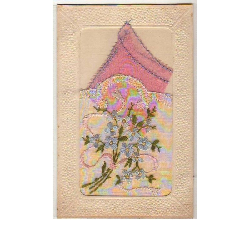 n°6258 - Carte Brodée avec pochette saumon - Fleurs bleues