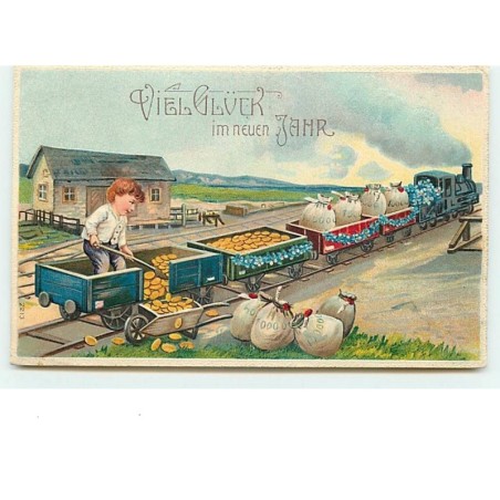 n°6288 - Carte Gaufrée - Viel Glück im neuen Jahr - Enfant vidant un wagon de pièces d'or - train