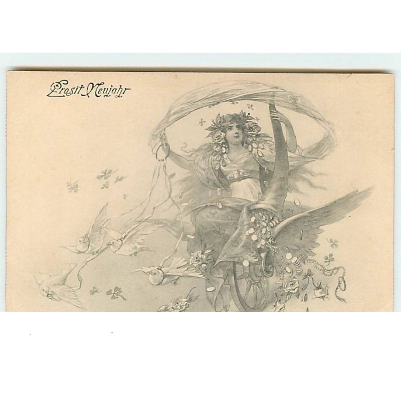 n°6294 - Prosit Neujahr - Femme dans un char avec une corne d'abondance - Pièces