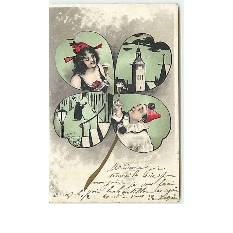 n°6296 - Colombine et Pierrot dans un trèfle