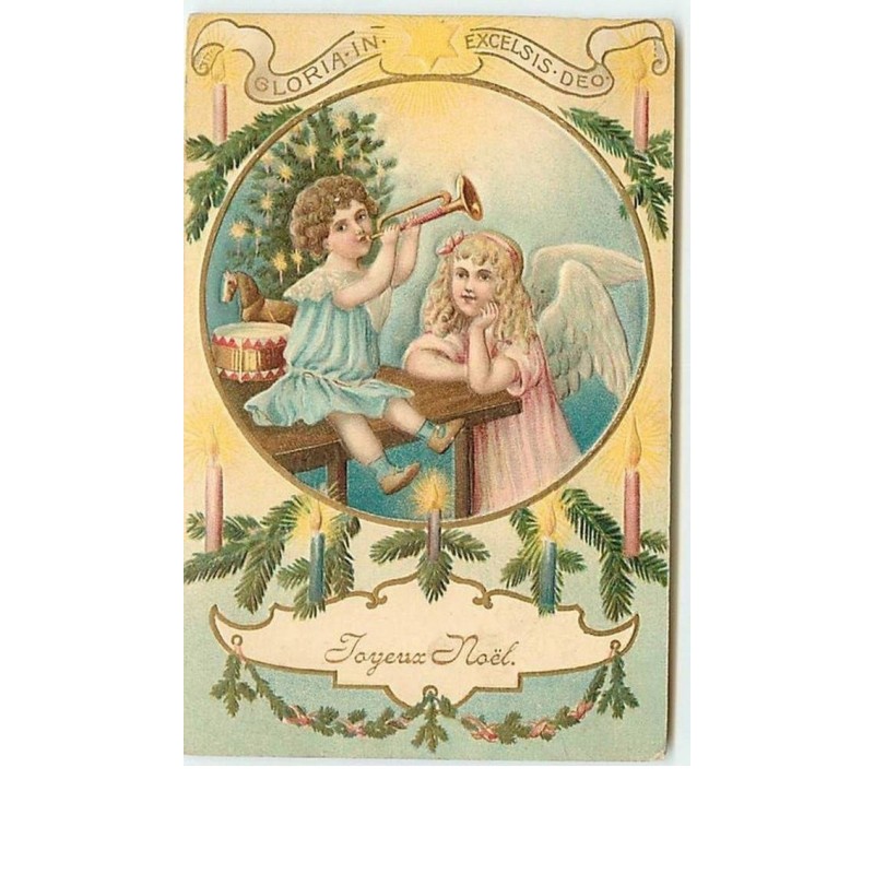 n°6325 - Carte Gaufrée - Joyeux Noël - Ange gardien écoutant un garçon jouant de la trompette