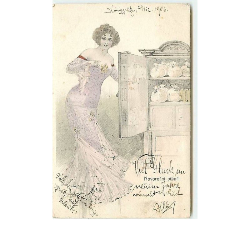 n°6329 - Novorocni prani - Femme devant un coffre rempli de sacs de pièces