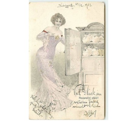 n°6329 - Novorocni prani - Femme devant un coffre rempli de sacs de pièces