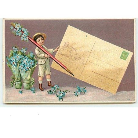 n°6331 - Carte Gaufrée - Bonne et heureuse année - Enfant avec une carte postale