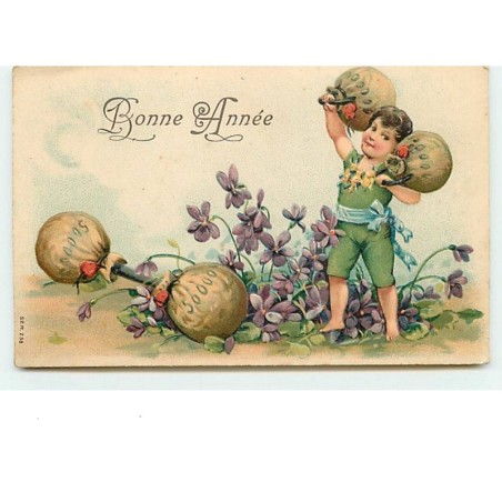 n°6340 - Carte Gaufrée - Bonne Année - Sacs de Pièces - Haltères
