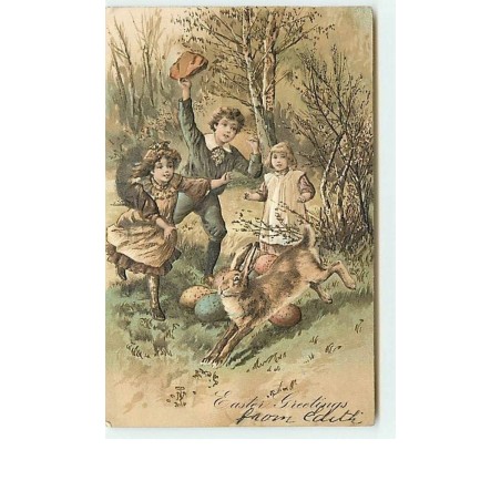 n°6343 - Carte Gaufrée - Easter Greetings - Enfants courant derrière un lièvre