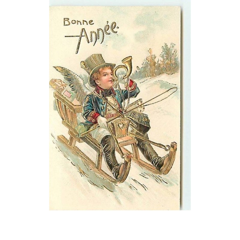 n°12196 - Carte Gaufrée - Bonne Année - Angelot sur une luge
