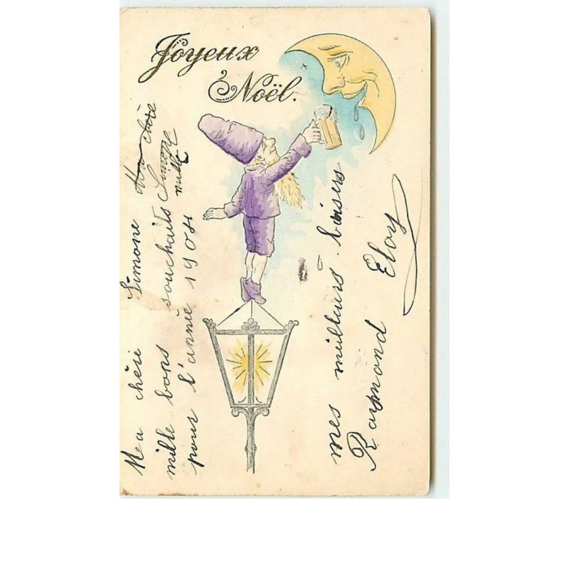 n°6376 - Carte Gaufrée - Joyeux Noël - Nain, lutin offrant à boire à la lune